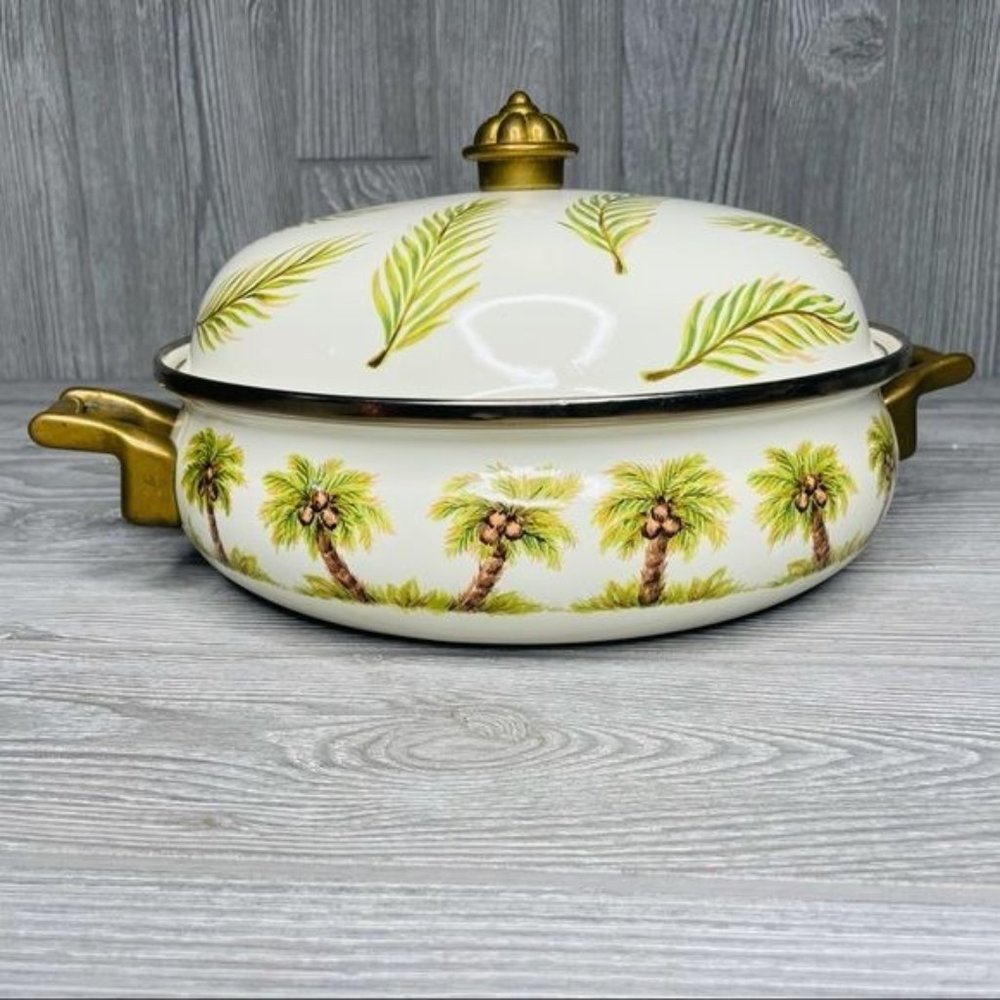 Palm grove enamel palm tree painted table tops unlimited pan , dish , bowl lid